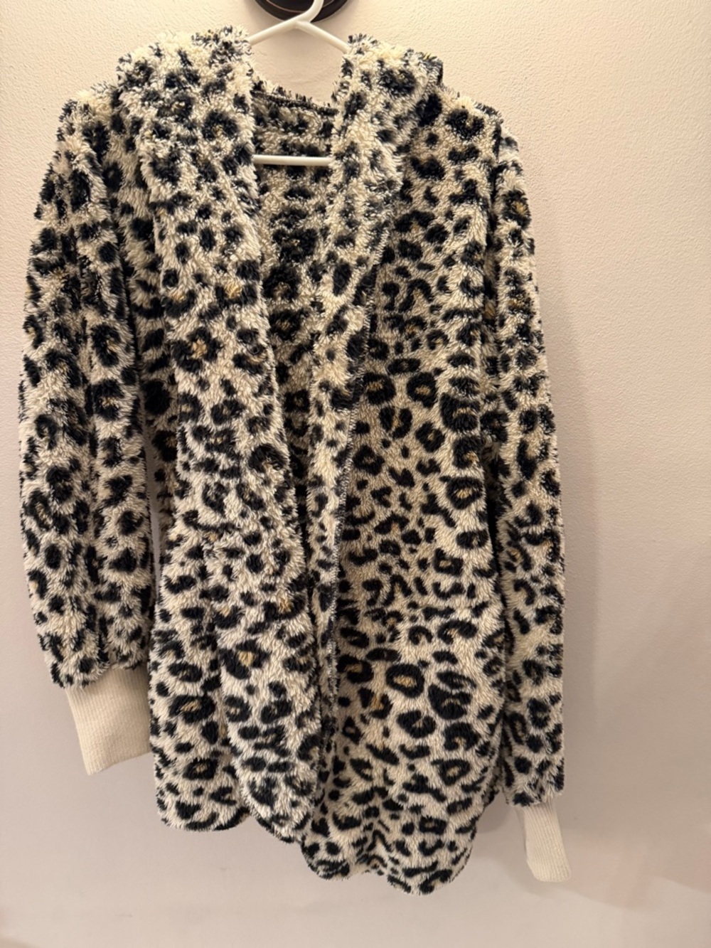 Them & Theirs Leopard Print Faux Fur Hooded Cardigan Open Front Sherpa Jacket OS
